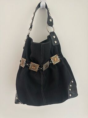 Black Studded Canvas Hobo Bag with Decorative Buckles